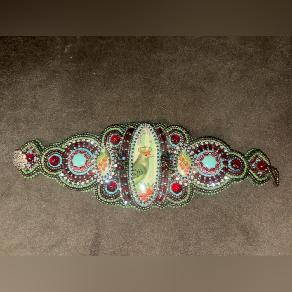 Beaded Peafowl  handmade Statement Bracelet in Teal, Red & Green